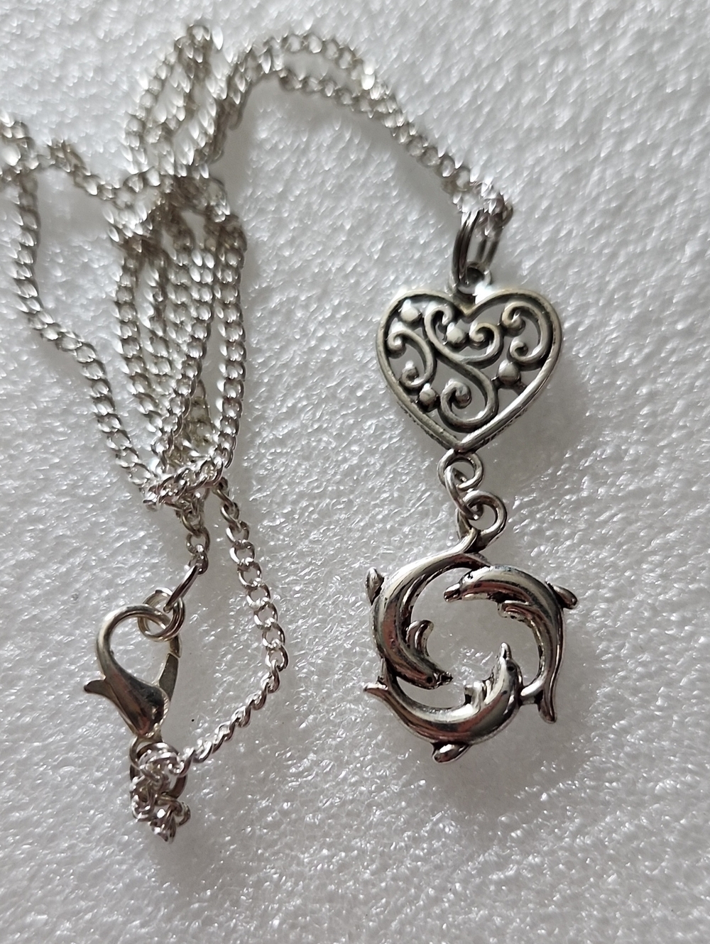 Hand Crafted Silver-Tone Heart and Dolphin Pendant Necklace